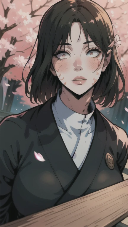 a beautiful girl with elegant features, long dark hair, wearing a traditional japanese school uniform, expressive eyes, detailed facial features, intricate hairpin accessories, delicate porcelain skin, standing in a serene japanese garden setting with cherry blossoms, beautiful detailed eyes, beautiful detailed lips, extremely detailed eyes and face, long eyelashes, refined, elegant, photorealistic, 8k, masterpiece, vibrant colors, warm lighting, cinematic composition, atmospheric, whimsical, fantasy, magical realism, highly detailed Maki Zenin | Jujutsu Kaisen