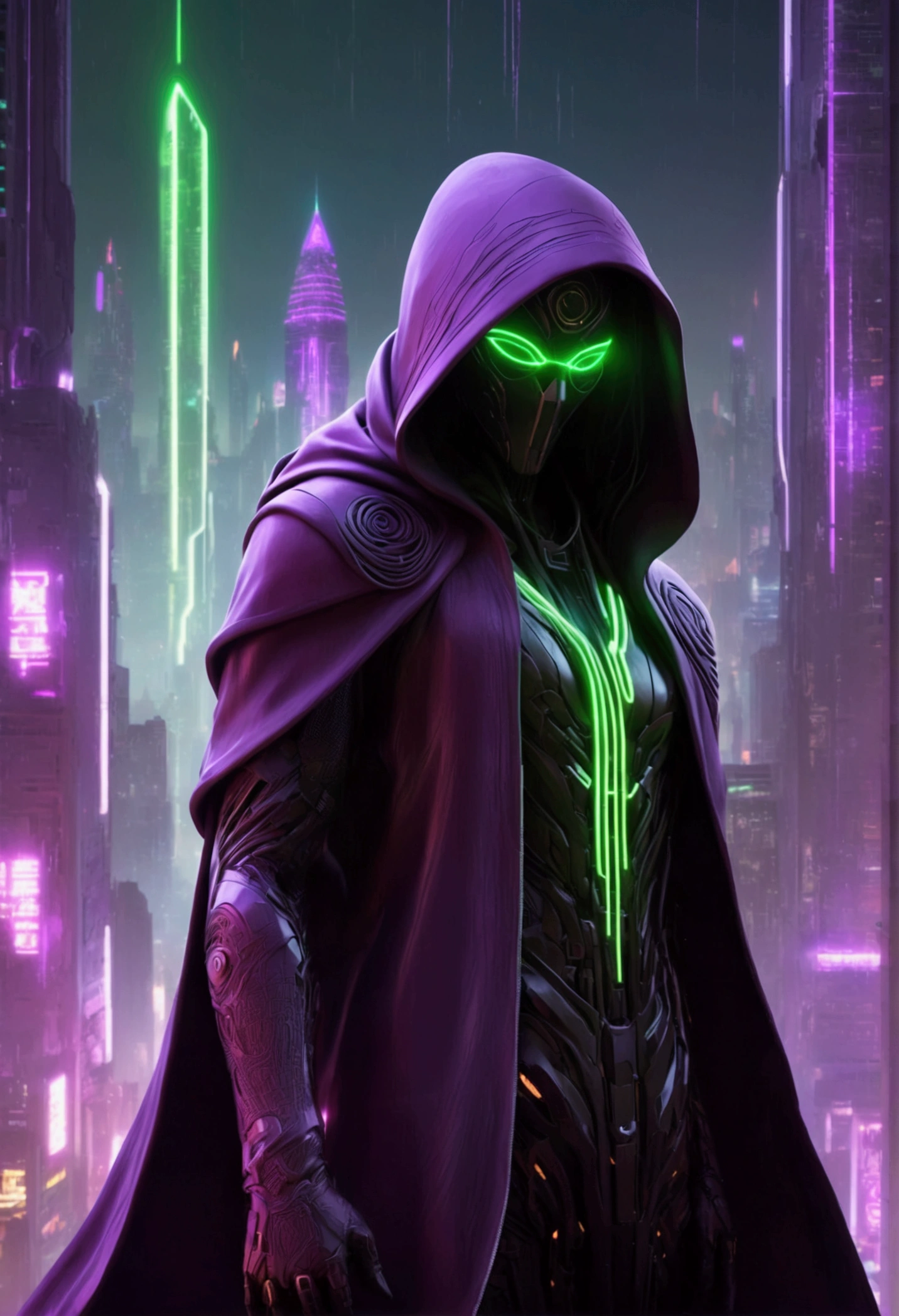 A striking 3D render of a dark fantasy cybersecurity scene, featuring a mysterious figure wearing a hooded cloak and a futuristic, cyberpunk-inspired helmet. The figure is surrounded by glowing purple and green lines of code, symbolizing their cybersecurity prowess. The background is a grim, dystopian cityscape with neon lights and towering skyscrapers, casting an eerie atmosphere. The overall composition exudes a blend of cyberpunk and dark fantasy elements, with a touch of futuristic realism.