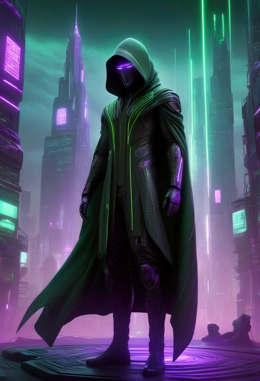 A striking 3D render of a dark fantasy cybersecurity scene, featuring a mysterious figure wearing a hooded cloak and a futuristic, cyberpunk-inspired helmet. The figure is surrounded by glowing purple and green lines of code, symbolizing their cybersecurity prowess. The background is a grim, dystopian cityscape with neon lights and towering skyscrapers, casting an eerie atmosphere. The overall composition exudes a blend of cyberpunk and dark fantasy elements, with a touch of futuristic realism.