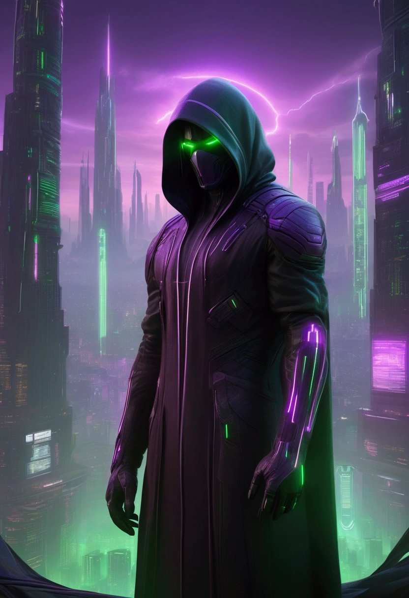 A striking 3D render of a dark fantasy cybersecurity scene, featuring a mysterious figure wearing a hooded cloak and a futuristic, cyberpunk-inspired helmet. The figure is surrounded by glowing purple and green lines of code, symbolizing their cybersecurity prowess. The background is a grim, dystopian cityscape with neon lights and towering skyscrapers, casting an eerie atmosphere. The overall composition exudes a blend of cyberpunk and dark fantasy elements, with a touch of futuristic realism.