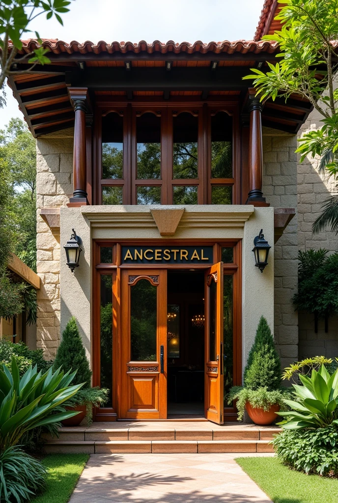 realistic photo, Full facade of a gourmet restaurant in modern Colombian colonial style, with huge windows, High ceilings, Main materials rustic rock and carved wood, high entrance door, with many trees and plants around and green areas and a botanical garden in the background and a sign that says ancestral