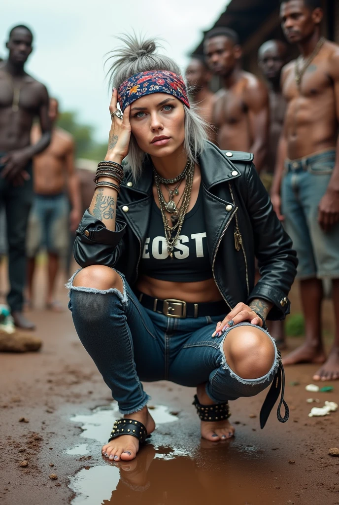 russian milf woman, grey hair (top bun, shaved sides), colourful bandana as headband, with very light blue eyes, extremely pale skin. Wearing tight cropped aged black moto jacket studded collar) with lots of zippers and pins, flipped up collar. Worn skinny dark low rise blue jeans with patches, wet knees. Wrinkled cropped t-shirt with gothic letters. Barefoot, with bracelets around ankles. Chain around hips like belts. Dirty knees, dirty feet and muddy hands. Wide studded belt. Lots of metallic bracelets, lots of boho pendants and lots of colourful beads collars. Long huge boho. Chains around the hips. Squatting on a puddle with hands on her hips, looking up, chin up, stretching her neck , humble facial expression. Bracelets in ankles and rings in fingers. Black nail polish. studded black leather tote bag with chain on the floor, next to her.. Listening looking up in amazement to somebody speaking to her from the sky, upper teeth visible. Well toned abdominals, thin neck, slim legs and thin arms. Narrow hips Cleavage, stomach, neck, tigh and hands completely covered with tattoos. Dirt street in Kenyan village full of waste. A lot of tanned shirtless fat men in jeans around looking at her. next to her, all her belongings scattered on the floor: tobacco packs, makeup kit, little makeup mirror, studded black leather tote bag, lipstick, wallet, moble etc on the floor, point of view; from above