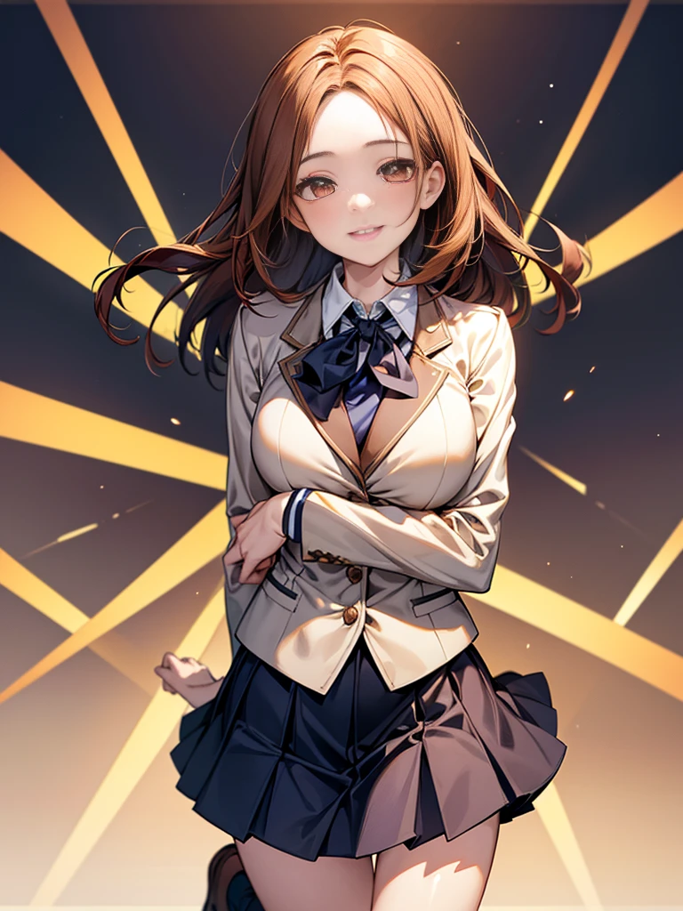 One person, Chestnut Hair, Bobcut,Half Up Hair,Large Breasts, smile, Droopy eyes, quiet,perspective, height: 165cm,High School Uniform,Navy Blue Blazer,White blouse,Orange ribbon tie,Gray knee-length flared skirt,Anime Style,Knee-length skirt,Healthy sex appeal,High resolution, Anatomically correct, 最High quality, corruption, detailed, High detailed, High resolutionモデル, High quality, quality, Very detaileded, 超High resolution, Textured skin, Hair blowing in the wind, Exposed forehead,happiness, Viewfinder, smile, Multiview, A healing aura around your hands