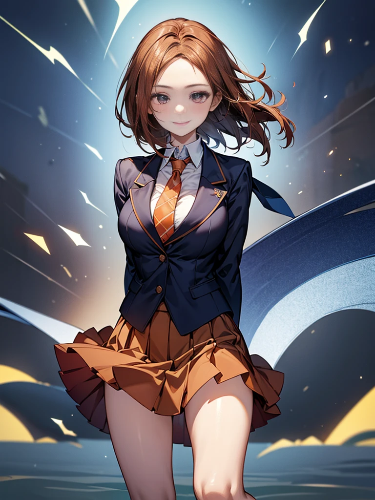 One person, Chestnut Hair, Bobcut,Half Up Hair,Large Breasts, smile, Droopy eyes, quiet,perspective, height: 165cm,High School Uniform,Navy Blue Blazer,White blouse,Orange ribbon tie,Gray knee-length flared skirt,Anime Style,Knee-length skirt,Healthy sex appeal,High resolution, Anatomically correct, 最High quality, corruption, detailed, High detailed, High resolutionモデル, High quality, quality, Very detaileded, 超High resolution, Textured skin, Hair blowing in the wind, Exposed forehead,happiness, Viewfinder, smile, Multiview, A healing aura around your hands