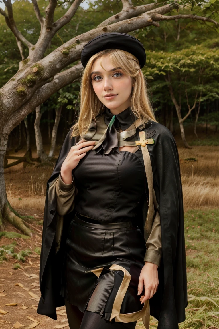 1 girl, best quality, ((Miyo)), Bethcast, perfect face, beautiful smile, 30 years old, ((ascot,uniform, black skirt, cross, ribbon, gold blonde hair, emerald, beret, cape, pantyhose)), ((perfectly drawn hands)), perfect body, bare tree, bush, fog, forest, grass, nature, outdoors, plant, scenery, solo, standing, tree, 32k photograph, ((perfect eyes, detailed eyes,realistic eyes)), ((sharp face, detailed face, realistic face, natural skin, realistic skin, detailed skin, pores)), full body, tone mapping, asian-european, ((masterpiece)), ((highres)), ((detailed background)), japanese village background, night, big proportions, (abdomen is covered)