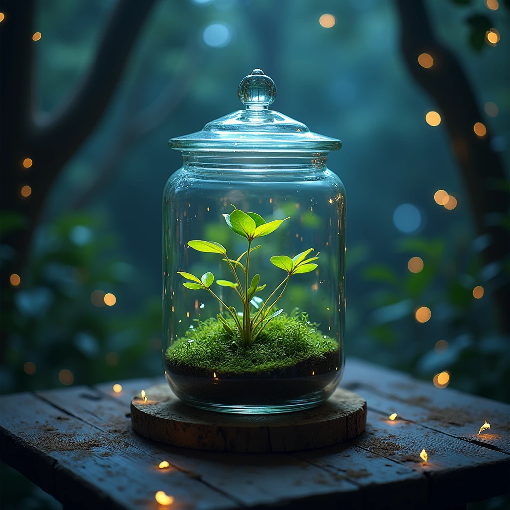 there is a glass jar with a plant inside it, epic concept art, bokeh effects, fairy tale, night, on the table, cinematic lighting, intricate cinematic light. beautiful photo uhd 4k
