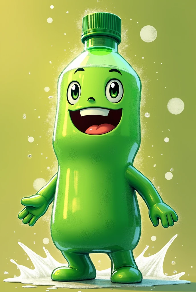 green pet bottle with human features, dollynho soda mascot
