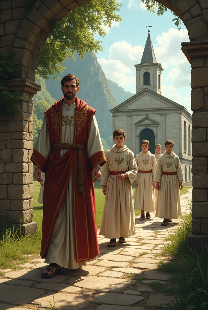 a parish in front with the holy saint tarsicio walking to the right with 5 altar boys but walking