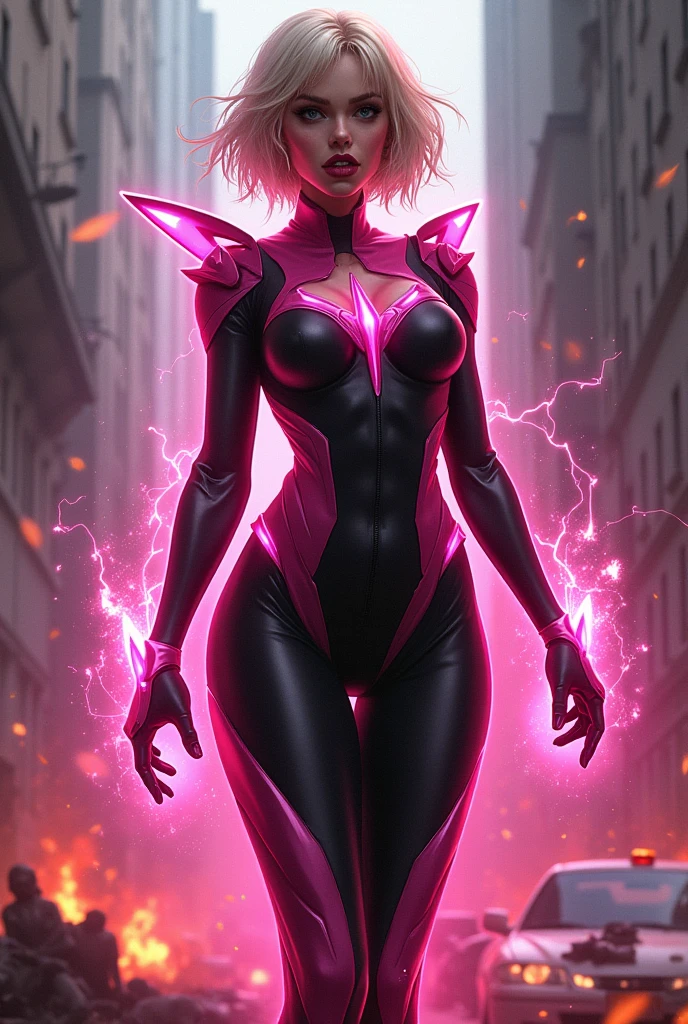 Seductive and Beautiful young woman with a soul of pure evil and hatred. Alluring shorthaired blonde supervillainess with energy blast powers. Attacking a city snd killing random people. A sinister smirk crosses her glossy lips. Skintight pink and black costume accentuate her curves.