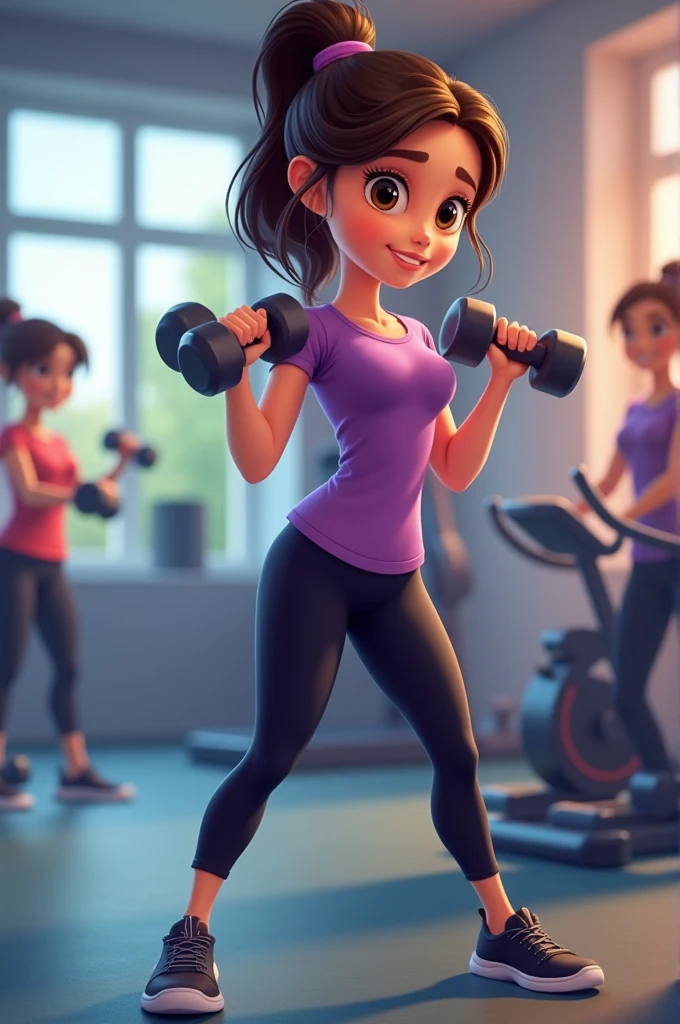 Disney-style poster with a girl in the gym, combed with ponytail dark brown hair and straight, Purple sleeved blouse and black sports leggings, black tennis shoes,  dumbbells in hands , In the background you can see dumbbells and two girls on machines 