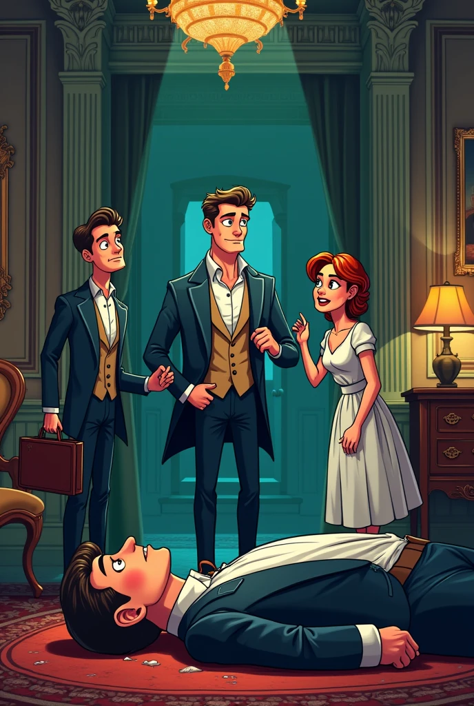 A butler, a cleaning lady, a gardener and a very elegant man dead on the floor with his eyes closed in his mansion and everyone with a look of suspense. Images of cartoon characters.