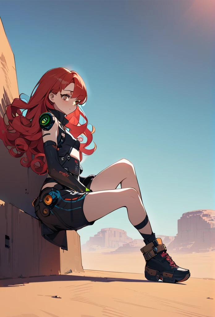 A woman, 2, red hair, curly hair,((( very brown eyes))), cyberpunk outfit, desert background, freckles, small breast, legs