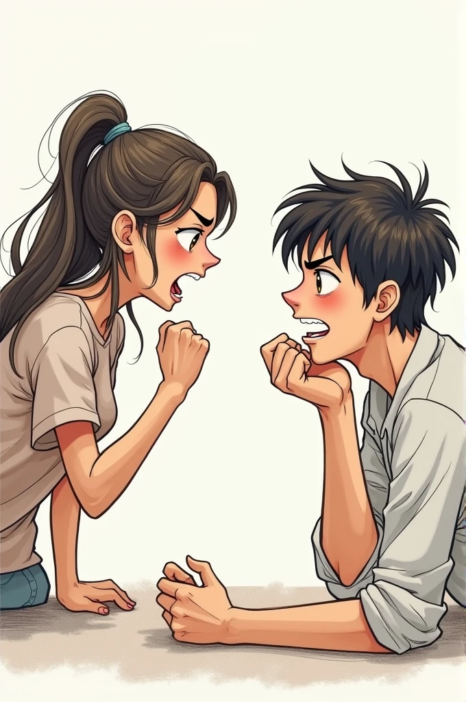 Draw an angry girl arguing with her boyfriend but he is not angry, He is looking at her with his head resting on his hand and smiling. (Use, quiero A drawing, not something in 3d, A drawing)
