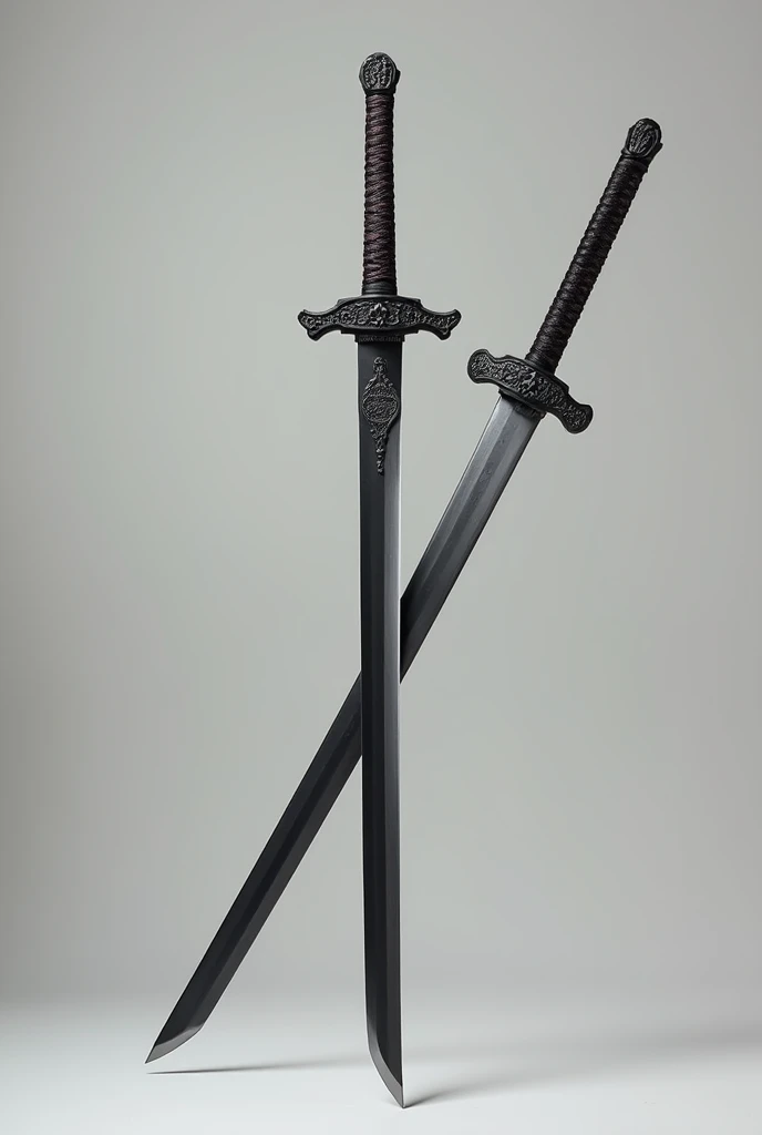 Create a medium sized katana, with a blade that is completely black on one side and white on the other. He smokes (sword guard) it is in the shape of yin-yang, with one side white and the other black, reflecting the duality of the blade. The cable is decorated with black and white intertwined threads.