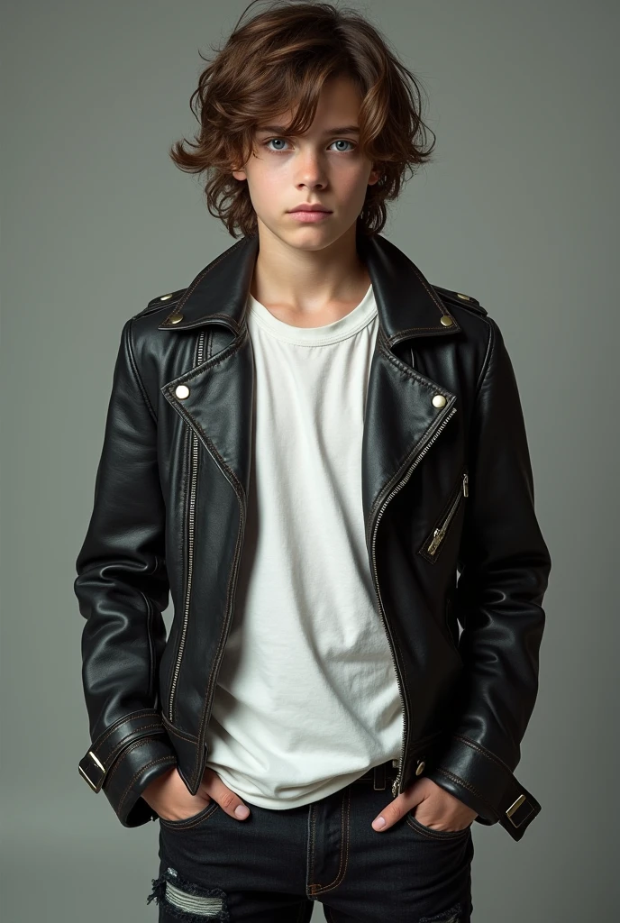 Photograph of a boy, with a confident expression and a cool style of "bad boy". He has long brown hair, smooth and messy that falls to the shoulders. His eyes are an intense, piercing blue, giving him a mysterious look. He wears a worn black leather jacket, a white t-shirt underneath, dark ripped jeans and black combat boots.