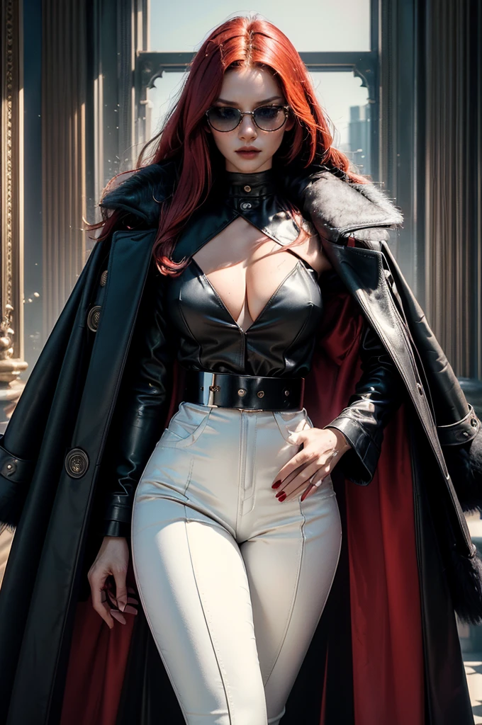 a beautiful young woman with long red hair, slim body, thin waist, narrow hips, detailed facial features, ((wearing high quality high waist black leather pants)), ((wearing formal white colored silk shirt with cleavage and long sleeves)), ((wearing black fur coat)), ((coat on shoulders)), ((red lining)), ((double luxury waist belt)), ((slightly red tinted glasses)), ((expensive reflective silk scarf)), holding a handbag, hand on waist, (best quality,4k,8k,highres,masterpiece:1.2),ultra-detailed,(realistic,photorealistic,photo-realistic:1.37),high fashion,editorial,dramatic lighting,cinematic,vivid colors,intricate details, glamorous