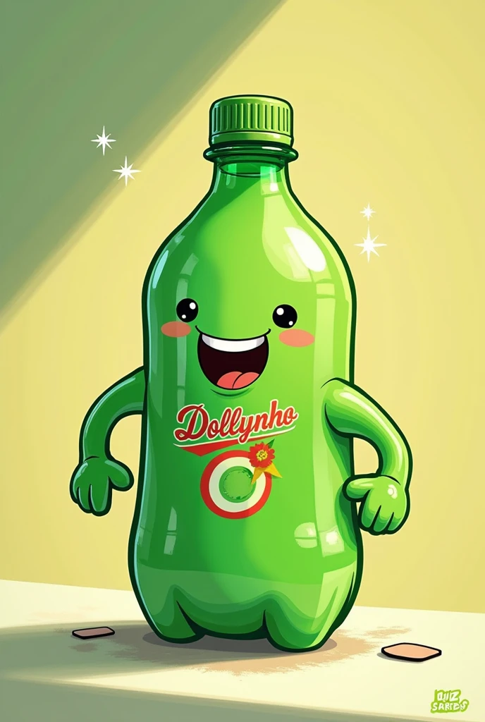 green pet bottle with human features, dollynho soda mascot