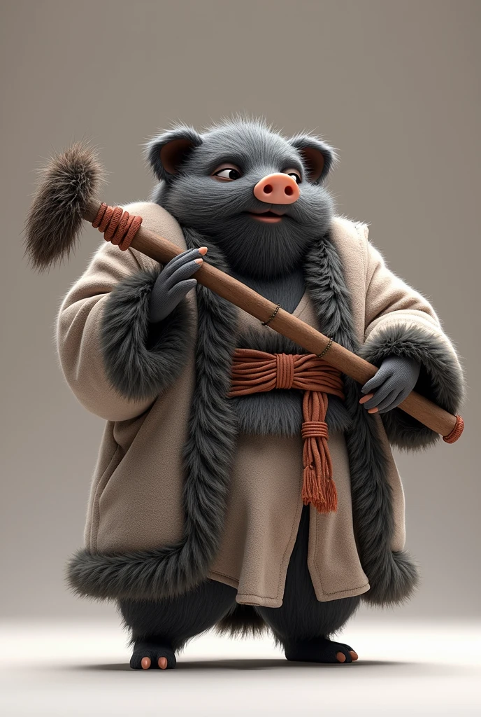 A chubby, furry Journey to the West Zhu Bajie（pig）, full body furry, full body photo, wearing a furry cassock, holding a furry nail rake, with an anthropomorphic design, in a solid color background in 3D plush style Presented, it is a little fluffy, cartoon style with minimalist elements