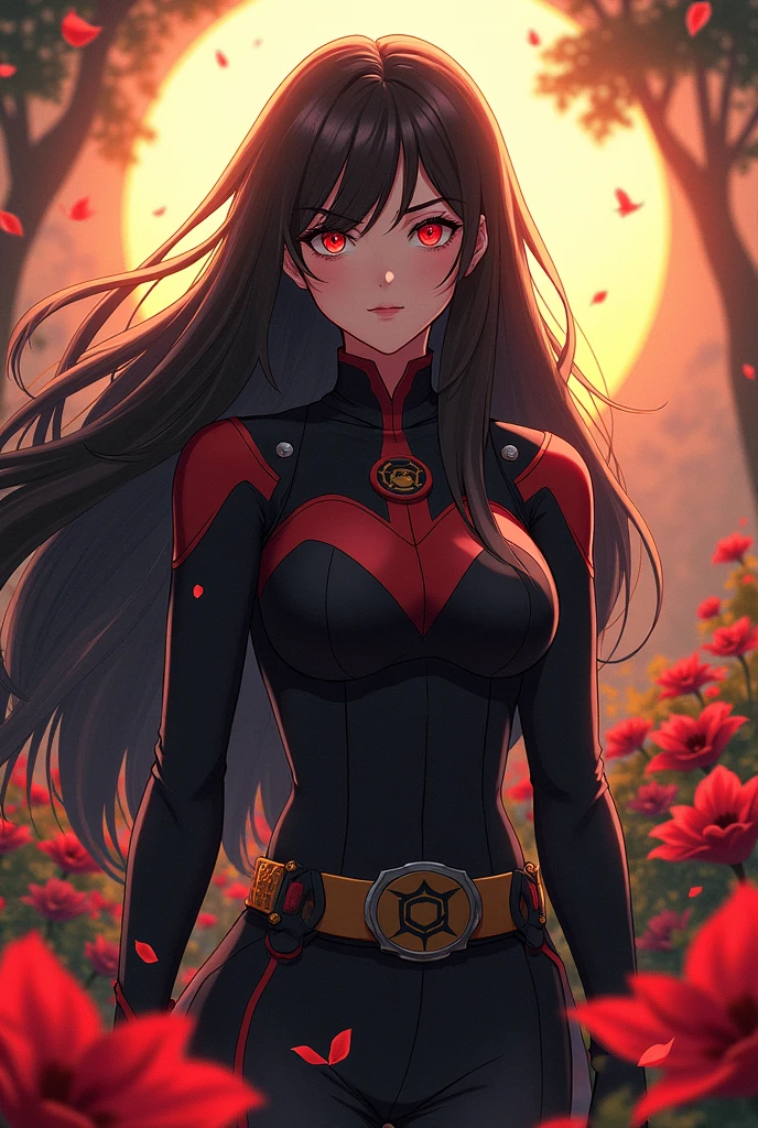 My Hero Academia, Female gender, long black hair, calebera flowers and sun, Red eyes, with UA uniform from my hero academia