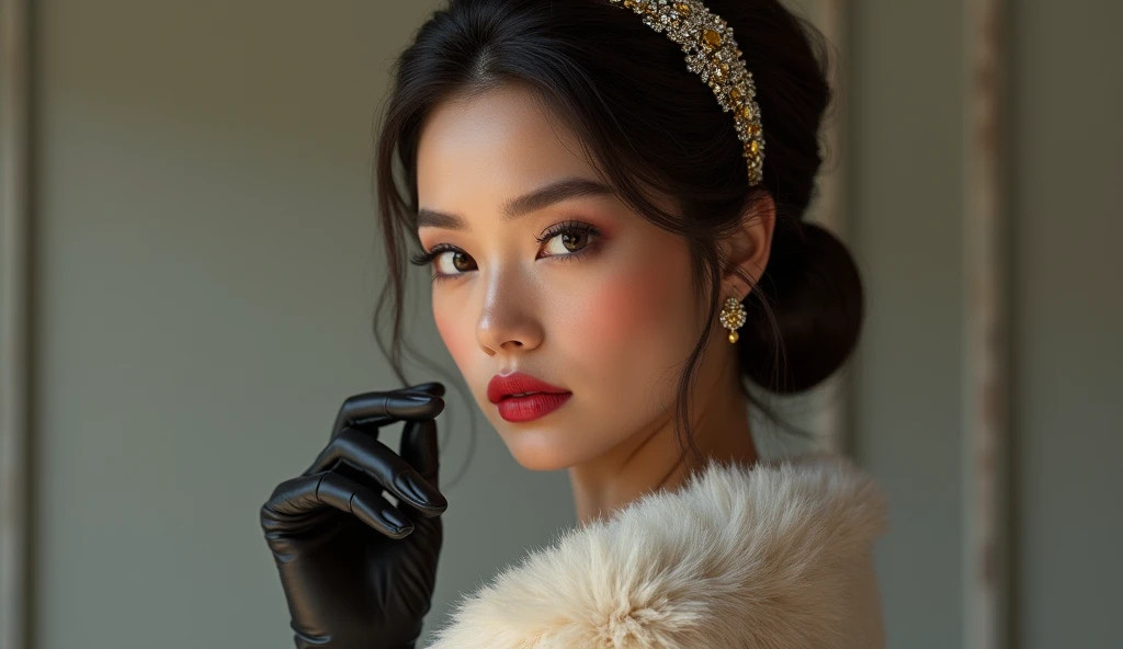 A glamorous woman with an elegant updo hairstyle adorned with a bejeweled headband, wearing luxurious fur coat and long leather