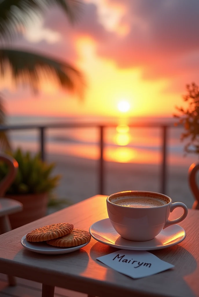 Realistic image of a terrace with a table, a cup of coffee with milk and cookies accompanied by a note that says for Mairym. In the background a beach with a beautiful sunset