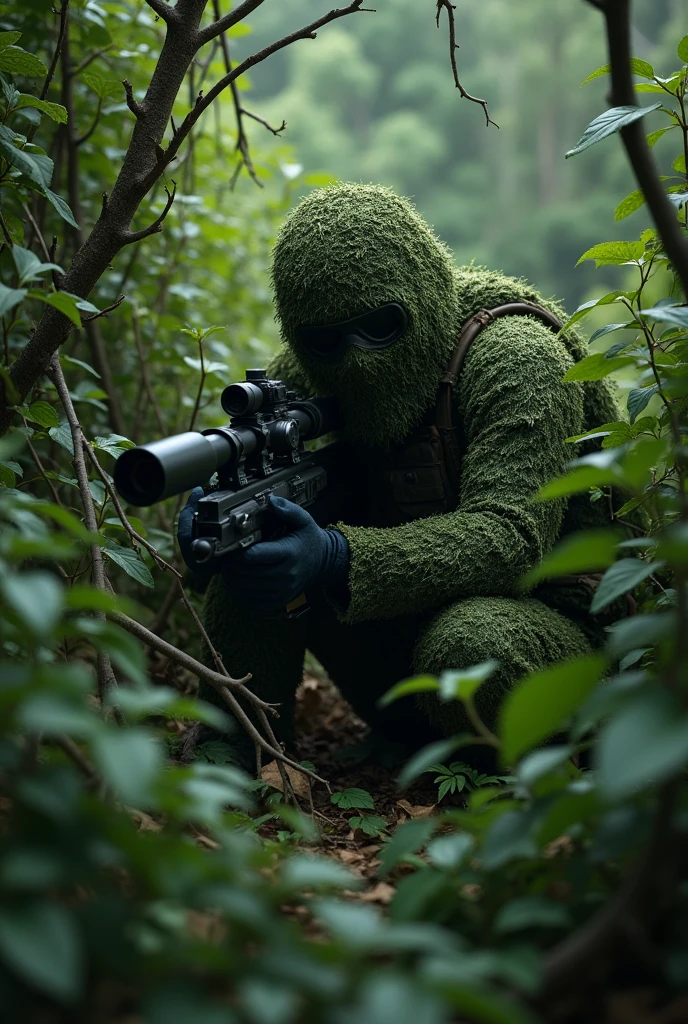 Man camouflaged as a ghillie inside a bush