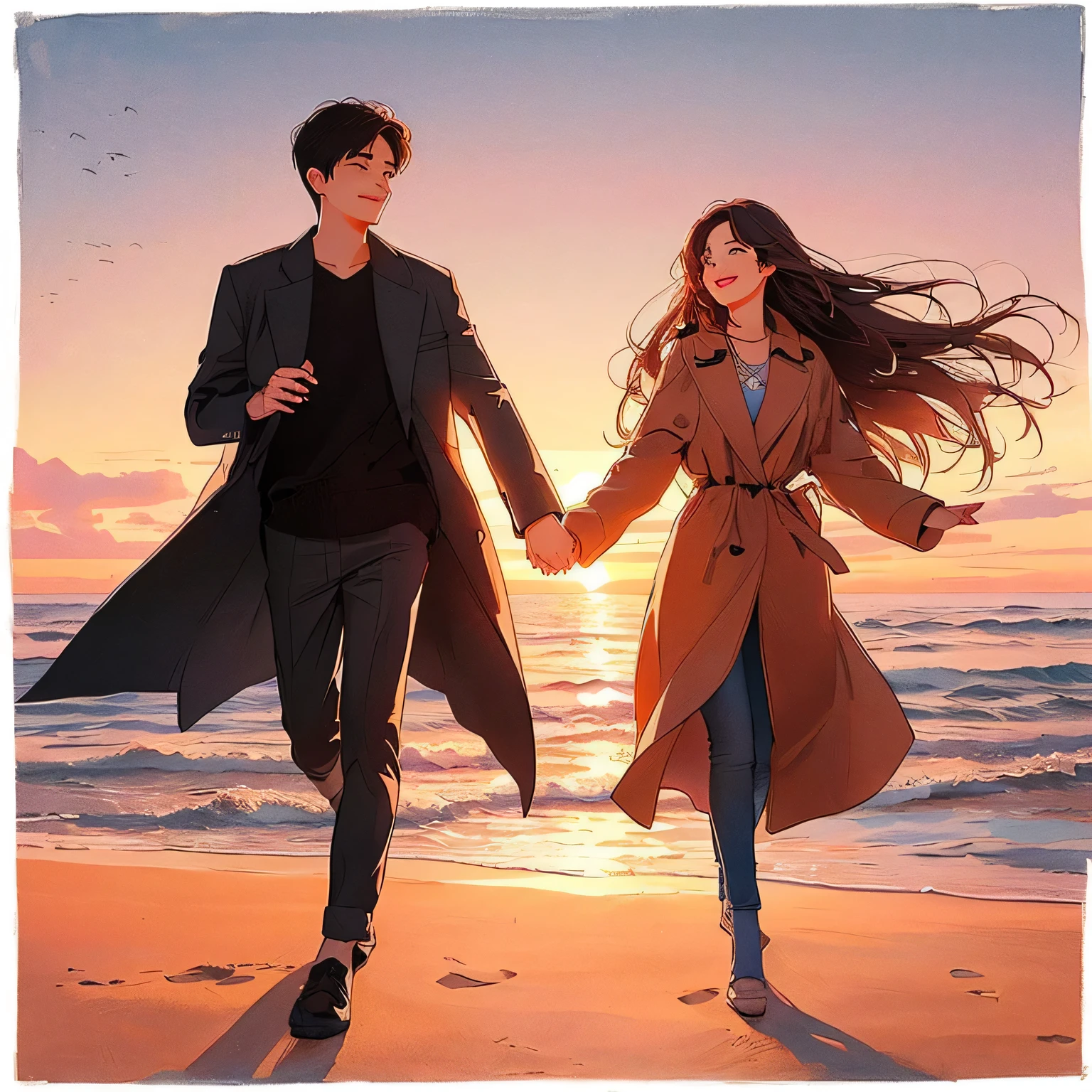 Animated couple walking on the beach holding hands, high quality fanart, official fanart, Reporter Choi Book, Neil Gleyen(Nil Gleyen), Beautiful drawing style, With sunset, In Bowater&#39;s art style, Reporter Jin Nong, by 양J, comic book, Walking together, lovely couple, With sunset, romantic couple, Beautiful depiction, A beautiful work of art