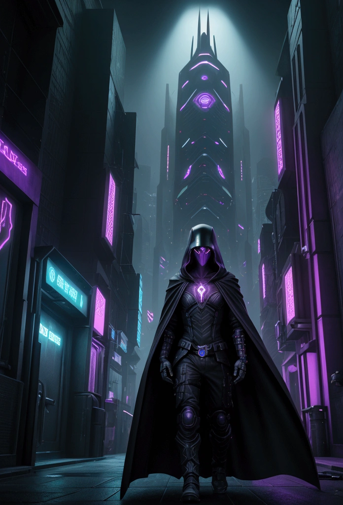 A striking 3D render of a dark fantasy cybersecurity scene, featuring a mysterious figure wearing a hooded cloak and a futuristic, cyberpunk-inspired helmet. The figure is surrounded by glowing purple and green lines of code, symbolizing their cybersecurity prowess. The background is a grim, dystopian cityscape with neon lights and towering skyscrapers, casting an eerie atmosphere. The overall composition exudes a blend of cyberpunk and dark fantasy elements, with a touch of futuristic realism.