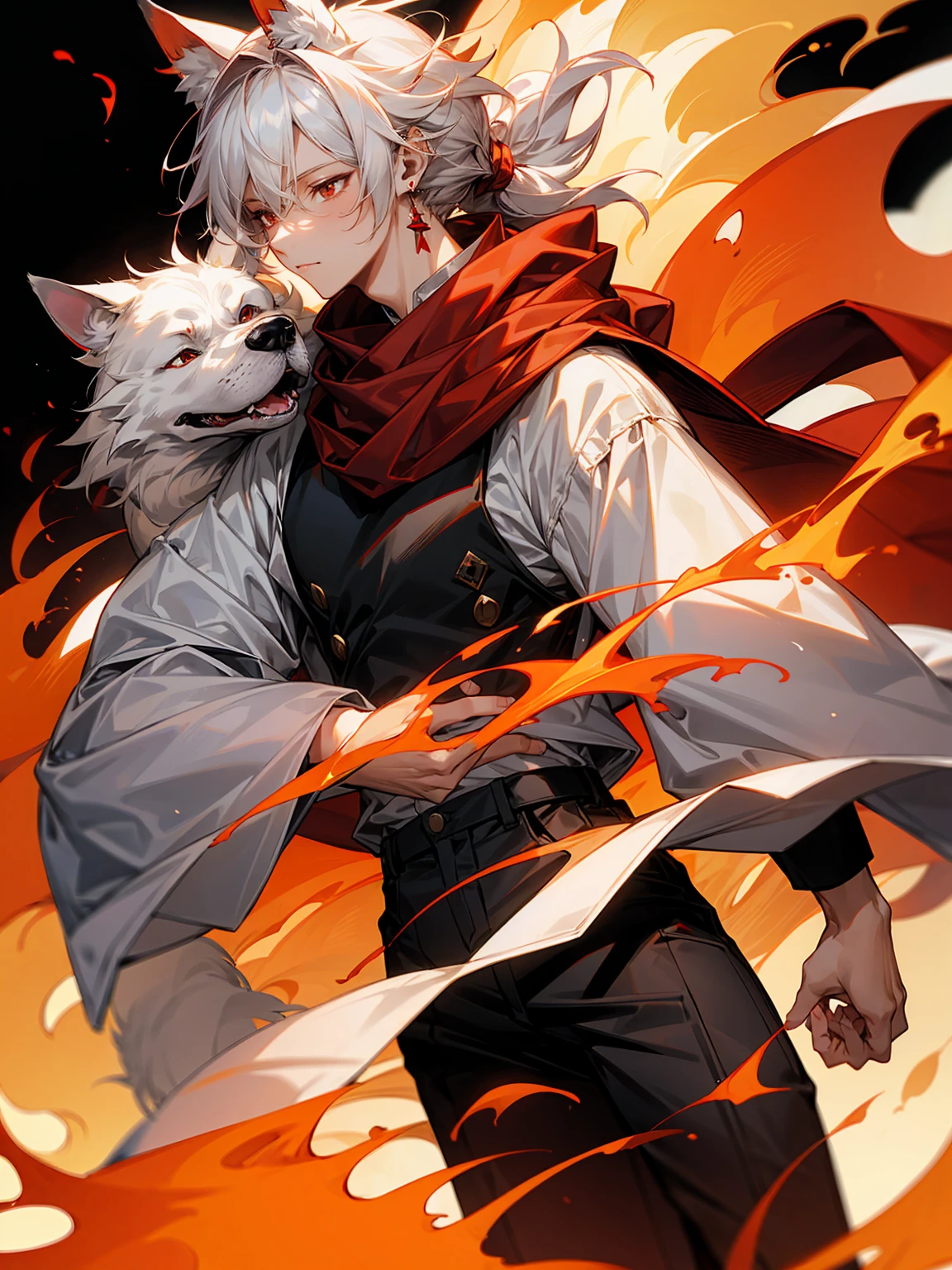 1male, Adult, Long White Hair, White Baggy Long Sleeve Shirt, Baggy Black Pants, Red Eyes, Red Scarf, Earring, Masculine, Dog Ears, Surrounded By Flames, Wolf, Single Hair Braid