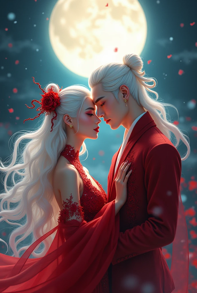 1 woman, white hair, red lips , gorgeous, red garment, moonlight, Chinese 2d animation,ultra high resolution, 8k, 
1 man, white hair, red lips , gorgeous, red garment, moonlight, Chinese 2d animation,ultra high resolution, 8k, 