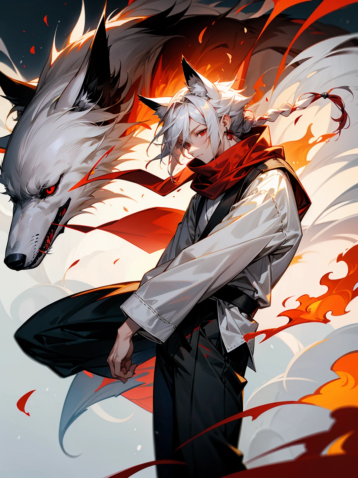 1male, Adult, Long White Hair, White Baggy Long Sleeve Shirt, Baggy Black Pants, Red Eyes, Red Scarf, Earring, Masculine, Dog Ears, Surrounded By Flames, Wolf, Single Hair Braid