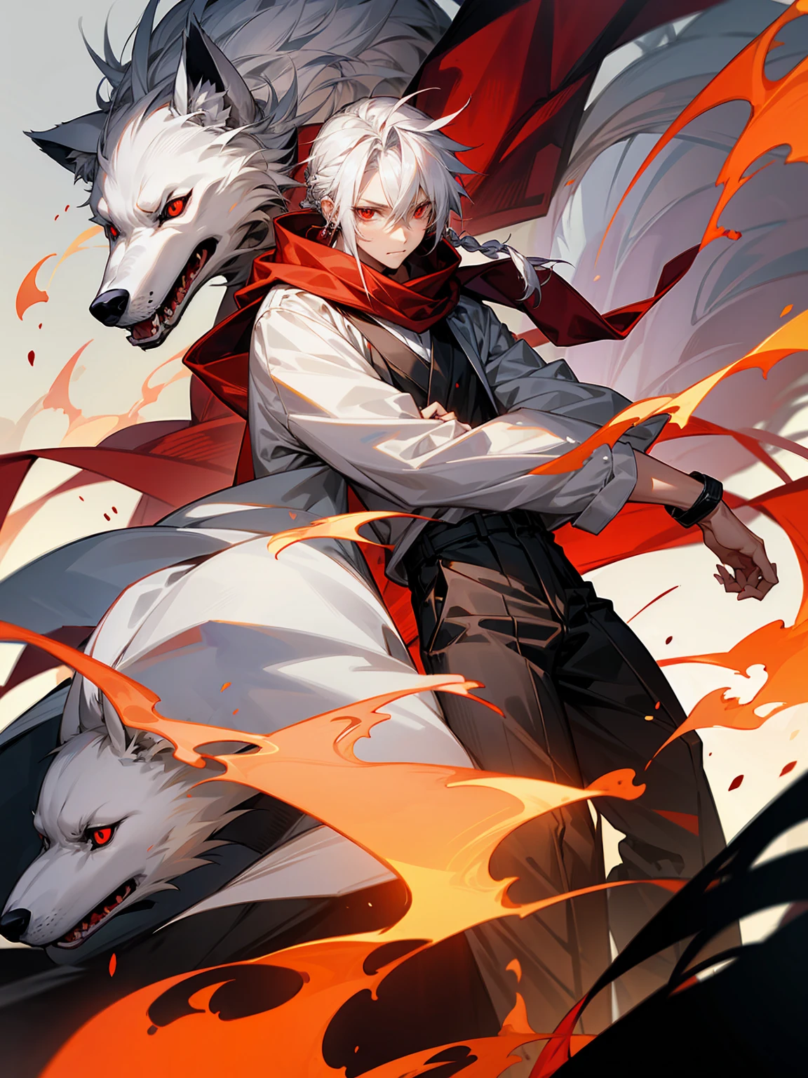 1male, Adult, Long White Hair, White Baggy Long Sleeve Shirt, Baggy Black Pants, Red Eyes, Red Scarf, Earring, Masculine, Dog Ears, Surrounded By Flames, Wolf, Single Hair Braid