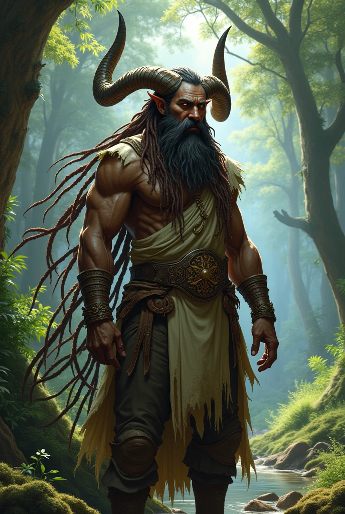 Druida da raça tiefling, com dreads e barba.