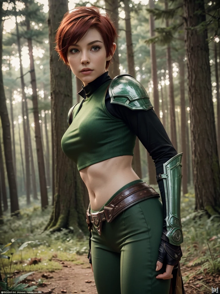 slim feminine figure, redhead, best quality, realistic skin texture, photography, film grain texture and high contrast, extremely high-resolution details, photographic, photorealistic, hyper-realistic, HDR, masterpiece, ((short pixie hair)), dressed up as a night elf hunter from world of warcraft, full green hunter armor, a green lust forest in the background, brown pants