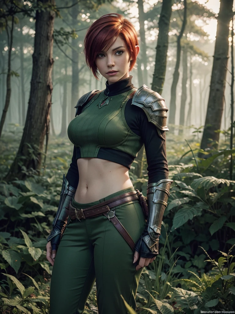 gwen tennyson,tracer,chun-li,anko mitarashi,atelier ryza,nier automata,1girl, close up,mecha pilot,tattoos,cherry blossom forest,orange tight skirt,steel long sleeve fishnet top,short hair,fishnet stockings,cute makeup,green eyes, red and gold hair,shy smile,freckles, redhead,beautiful girl,large breasts,ultra detailed,realistic,fantasy art,steel armor, open ninja jacket,japanese garden,lotus river,ninja scarf,hair pin,ninja tabi boots,
