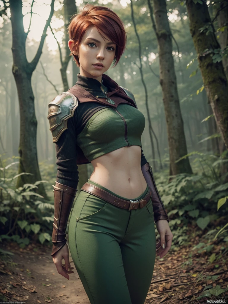 slim feminine figure, redhead, best quality, realistic skin texture, photography, film grain texture and high contrast, extremely high-resolution details, photographic, photorealistic, hyper-realistic, HDR, masterpiece, ((short pixie hair)), dressed up as a night elf hunter from world of warcraft, full green hunter armor, a green lust forest in the background, brown pants