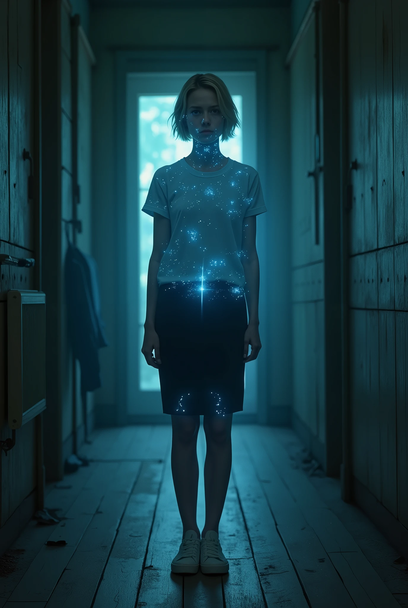 (photorealism:1.2), beautiful woman, swedish, blonde,sad, pensive, assistant, pencil skirt, 18yo, haunted house, wooden floor, blue lighting, hologram, projection,looking at camera, short hair, glowing blue around her face and under skirt