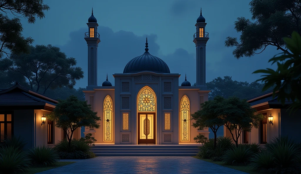 A tiny futuristic Malay style mosque in the middle of a village at night, front view