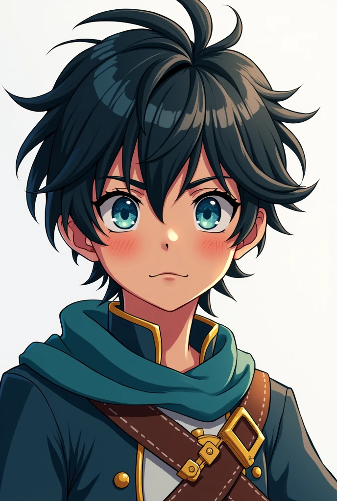 An anime boy with straight, messy black hair., icy blue eyes and a complete look., his clothing like that of an adventurous prince