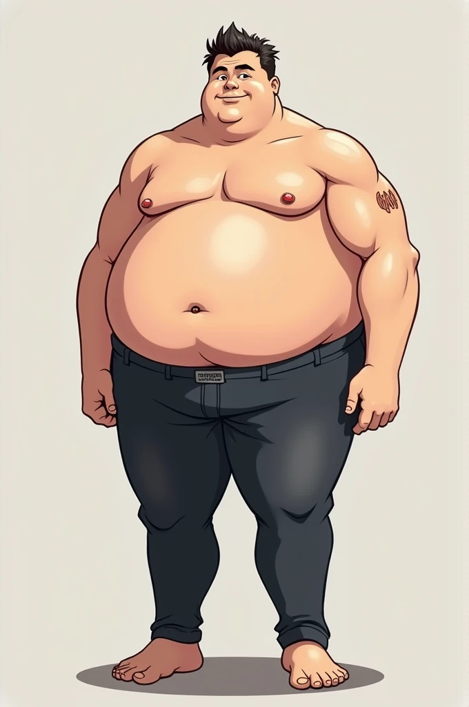 A handsome boy, style anime, who is one meter and 75 tall and weighs 200 kg. The weight has to be on his back, legs and a slim waist