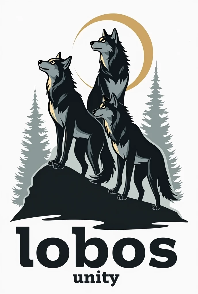 Create a logo for me with 3 wolves on top of a hill with a forest and a moon in the background., with the name "lobos" below the wolves and the name "unity" abaixo do nome lobos, with black and white as the main colors