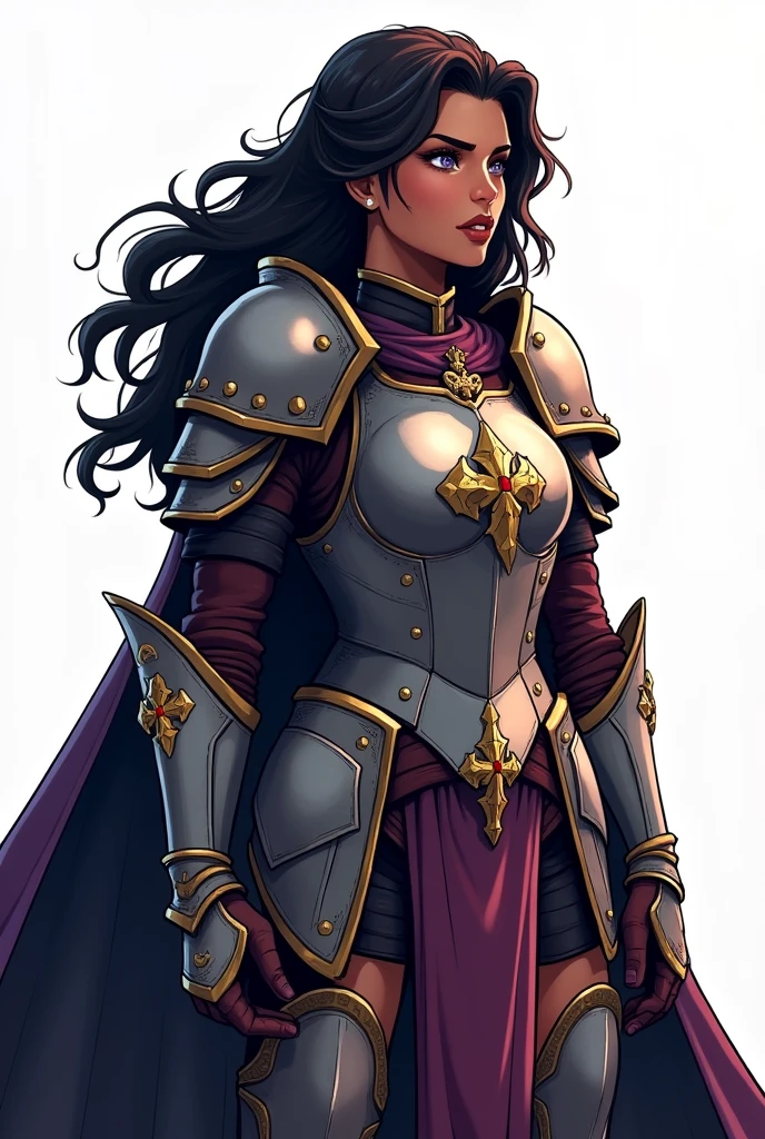 d&d, black female, Loose and wavy hair, heavy medieval armor that covers the entire body, Elsword, two tone lighting, hight contrast, dramatic light and shadow, Dramatic resources, color palette Vibrantes, white background, traditional comic art, cartoon artwork, menos realista, saturated colors, no details, simple comic art, simple medieval armor, no extravagance, heroic pose, gazing at the horizon, traditional comic art