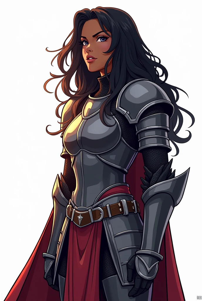 d&d, black female, Loose and wavy hair, heavy medieval armor that covers the entire body, Elsword, two tone lighting, hight contrast, dramatic light and shadow, Dramatic resources, color palette Vibrantes, white background, traditional comic art, cartoon artwork, menos realista, saturated colors, no details, simple comic art, simple medieval armor, no extravagance, heroic pose, gazing at the horizon, traditional comic art