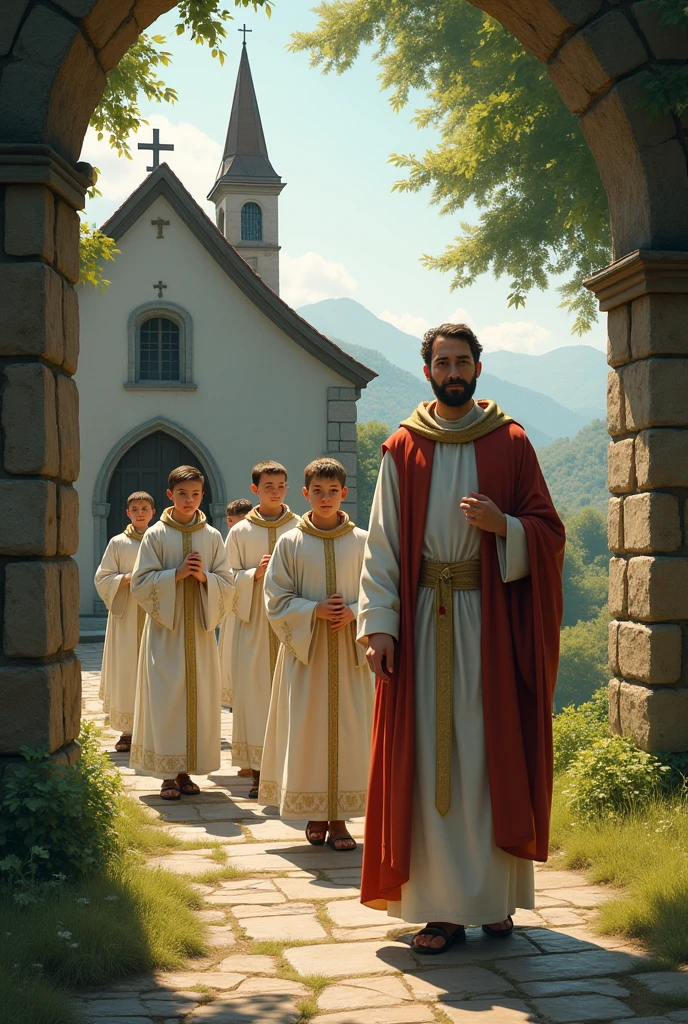 a parish in front with the holy saint tarsicio walking to the right with 5 altar boys but walking