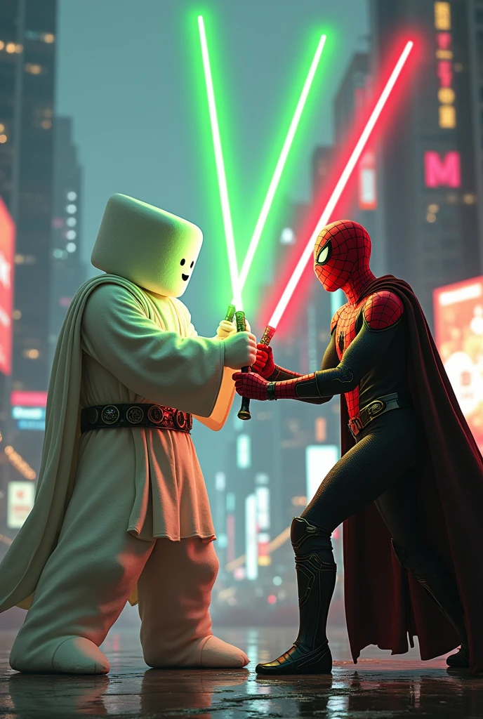 DJ Marshmallow Jedi with green saber fighting with spider man sith with red saber