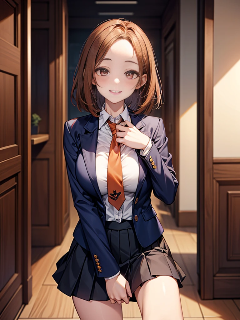 One person, Chestnut Hair, Bobcut,Half Up Hair,Large Breasts, smile, Droopy eyes, quiet,perspective, height: 165cm,High School Uniform,Navy Blue Blazer,White blouse,Orange ribbon tie,Gray knee-length flared skirt,Anime Style,Knee-length skirt,Healthy sex appeal,High resolution, Anatomically correct, 最High quality, corruption, detailed, High detailed, High resolutionモデル, High quality, quality, Very detaileded, 超High resolution, Textured skin, Exposed forehead,happiness, Viewfinder, smile, Multiview, A healing aura emanates from your hands