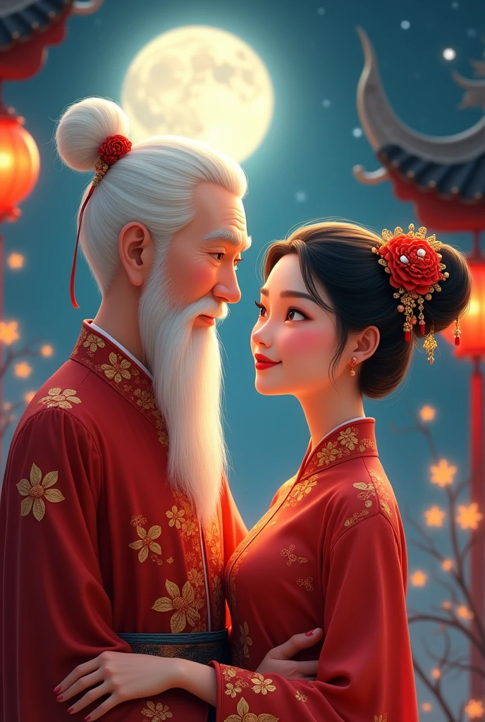 1 man, 1 woman, white hair, red lips , gorgeous, red and gold garment, moonlight, Chinese 2d animation,ultra high resolution, 8k