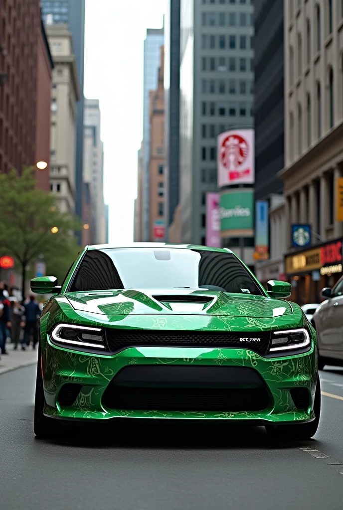 A 2023 dodge charger with a unique starbucks wrap and a shiny green color