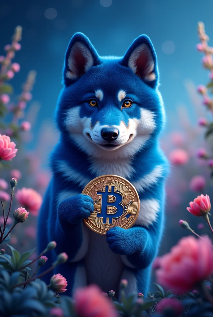 (Highest quality,4K,8k,High resolution,masterpiece:1.2),Very detailed,(Realistic,photoRealistic,photo-Realistic:1.37),A masterpiece BLUE COLOR Shiba Inu with BITCOIN. In space,figure,Sharp focus,Vibrant colors,Lush garden background,Studio Lighting