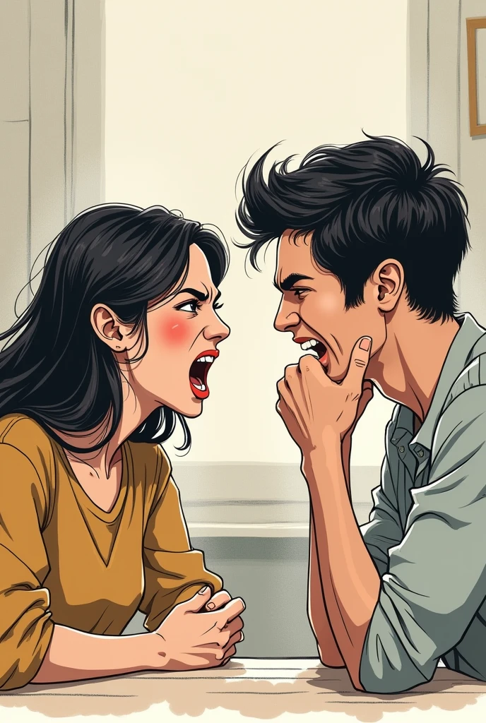Draw an angry girl arguing with her boyfriend but he is not angry, He is looking at her with his head resting on his hand and smiling with his mouth closed. (Use, quiero A drawing, not something in 3d, A drawing)